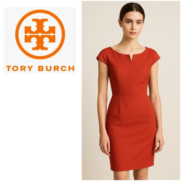Tory Burch Rust Orange Sheath Dress Size 12 Wool Blend Cap Sleeve Knee Length - Picture 13 of 15